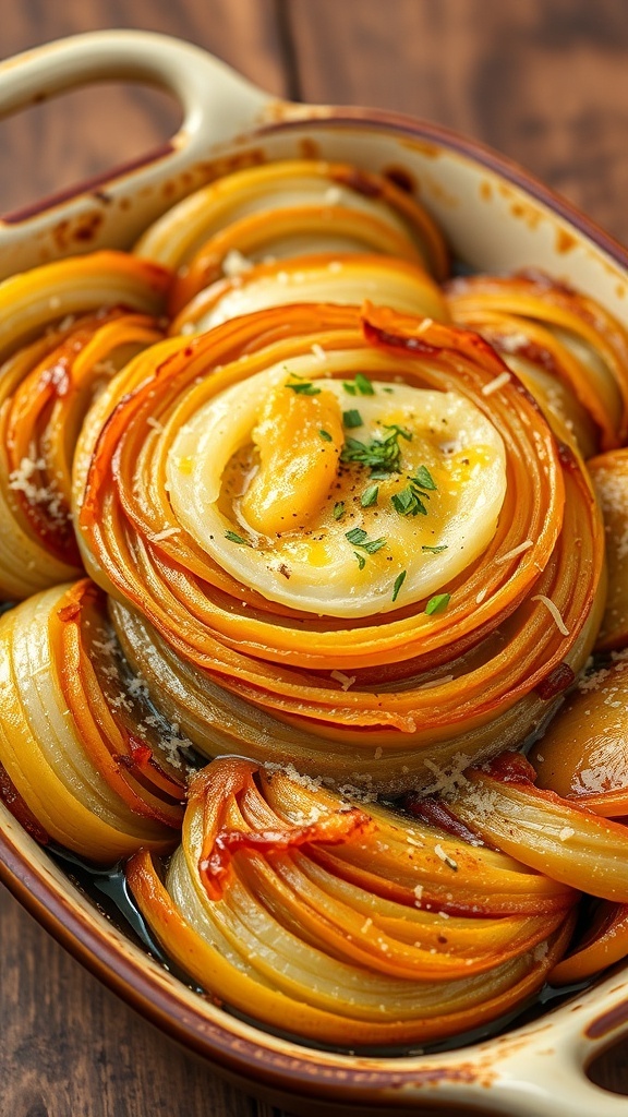 Baked layered onions in a rustic dish, golden brown and garnished with herbs.